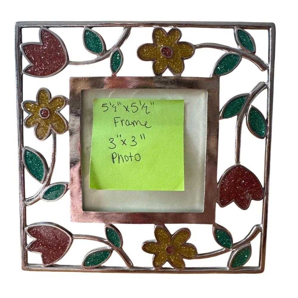 Silver Metal Floral Glitter Square Picture‎ Frame 5.5x5.5 for 3x3 Photo Small